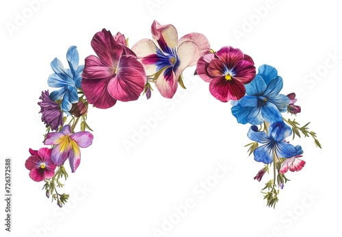 Colorful blue and red flower crown isolated. Spring floral watercolor wreath