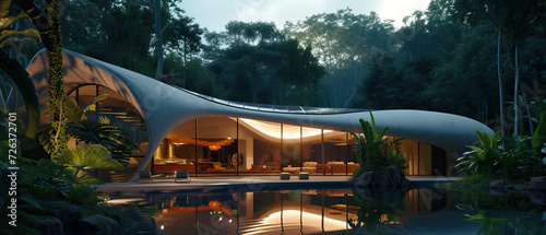 Futuristic smooth flowing hyperbolic paraboloid sustainable eco home with photovoltaic solar panels in a jungle rainforest. High-end home  wide isolated shot  sustainable design