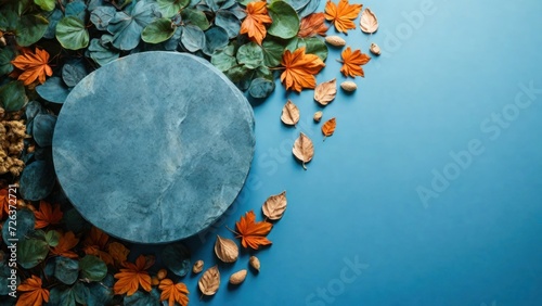 Top view of natural stone podium and leaves in water on blue background. Summer tropical background for luxury product placement. generative, ai.