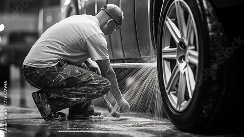 a Professional Car Wash Specialist Using a High Pressure Washer to Clean a car.