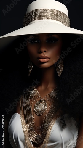 Timeless allure  A black woman in a striking hat and golden earrings  epitome of grace.