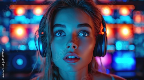 beautiful idol woman enjoying to music on her headphones
