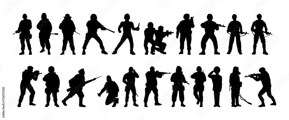 Silhouettes of soldiers. Troops of special purpose, armed military. The soldier is on guard. Rangers at the border. Team commandos unit. Special Forces crew black isolated vector .