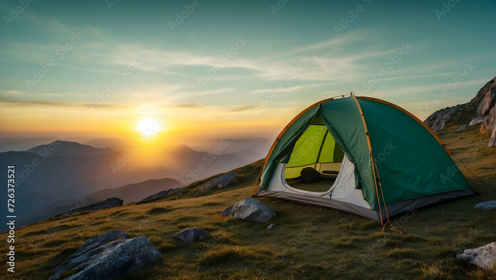 Green tent on top of the mountain, with amazing sunrise on background. Time spending on fresh air. Travelling concept.
