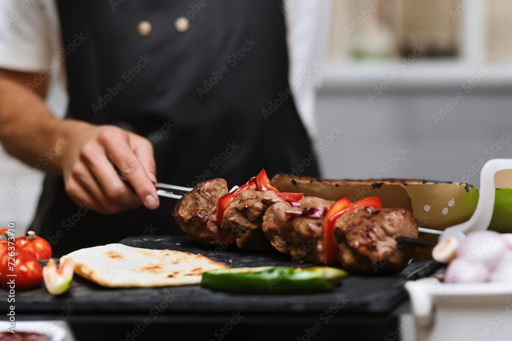 male cook. a man in a black apron holds a skewer with kebab, slices of tomato and cucumber lie nearby, cooking concept