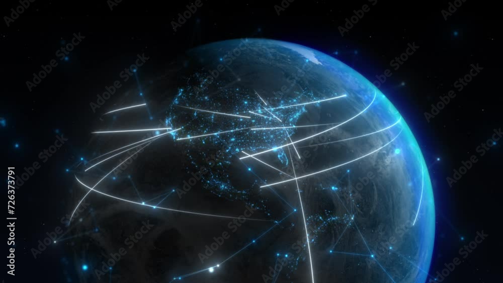 A spectacular view of the Earth spinning in space, surrounded by a web of white lines representing data transfer, connections, and global network. The satellites orbiting the globe.