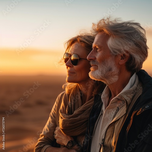 middle-aged couple in vast desert, introspective gaze towards horizon, life journey reflection, warm sunset hues