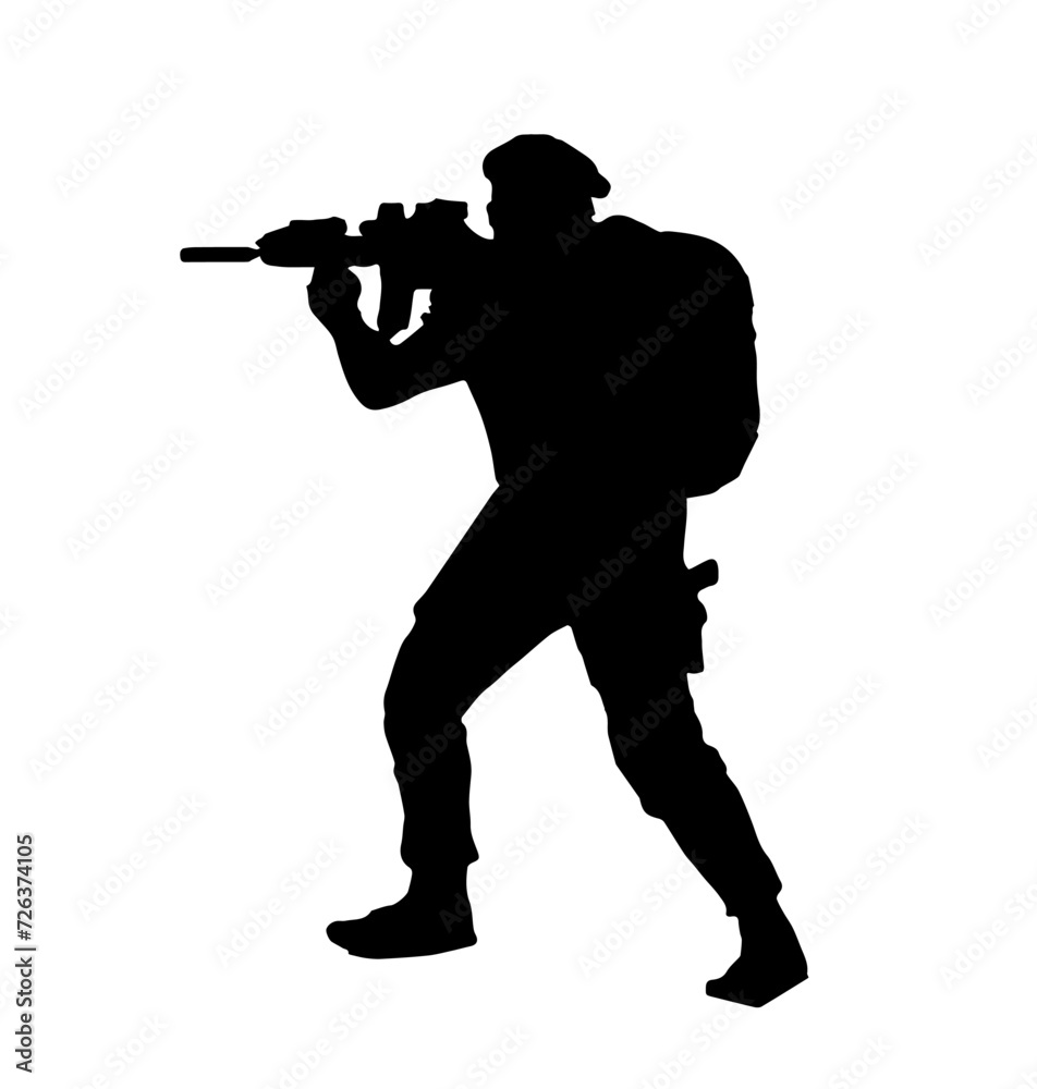 Silhouettes of soldiers. Troops of special purpose, Soldier carries a guard. Ranger at the border. Special Forces crew black isolated vector.