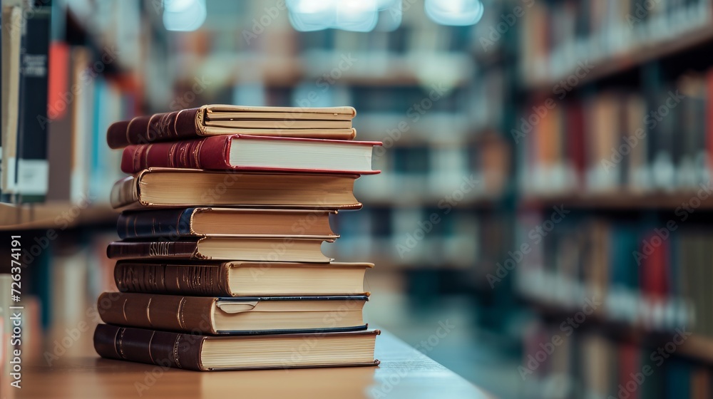 Book stack in the library and blurred bookshelf background for education. education background. back to school concept Book stack in the library and blurred bookshelf background for education. education background. back to school concept
