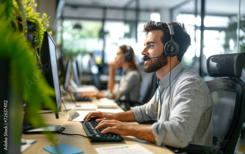 man works in a call center with computer and headset