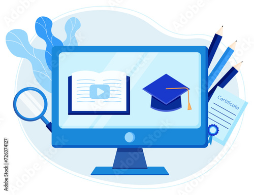 Online classes concept on monitor screen for e-learning course, webinar and online education on desktop, vector flat illustration