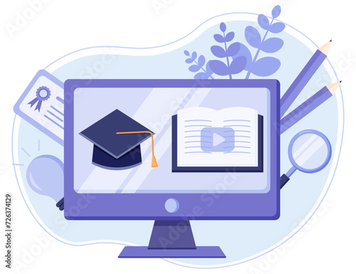 Online classes concept on monitor screen for e-learning course, webinar and online education on desktop, vector flat illustration