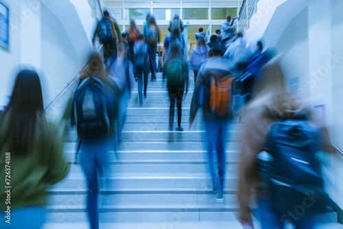 Blurred shot of high school students walking up the strs between classes in a busy school building photo