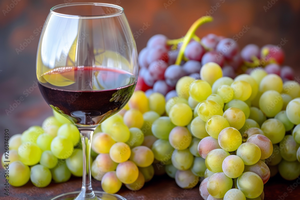 Wine Glass Paired with a Cluster of Real Grapes, Unveiling the Vibrant Colors of Nature and Wine in a Harmonious Connection.