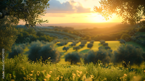 A photo of olive groves  with lush greenery as the background  during a peaceful afternoon in the countryside of Puglia