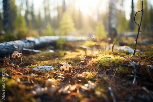 forest floor with specks of sunlight hitting the soil