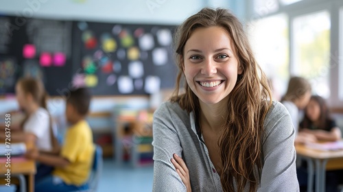 Happy primary school teacher in classroom smiling at camera