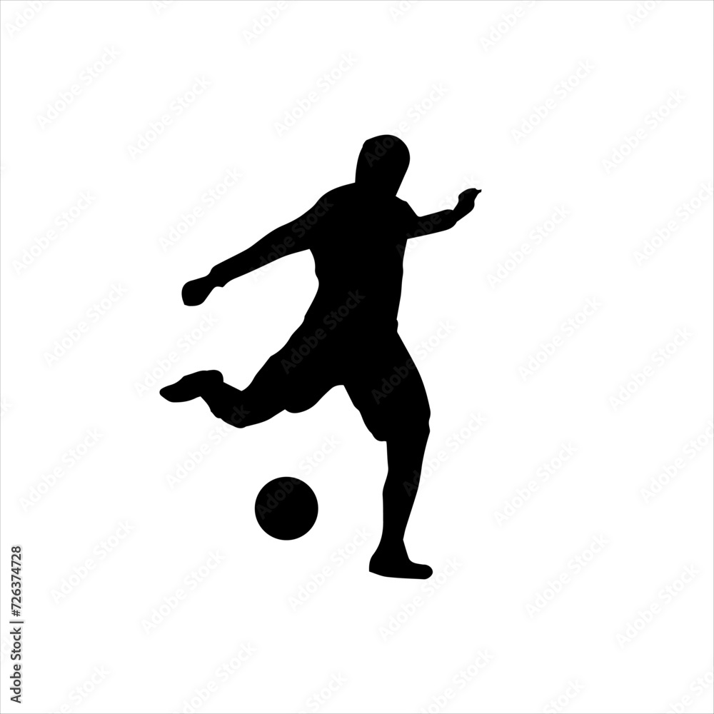 Silhouette of a football player with a ball. Athlete black stencil. Icon, football player logo. Vector illustration isolated white background.