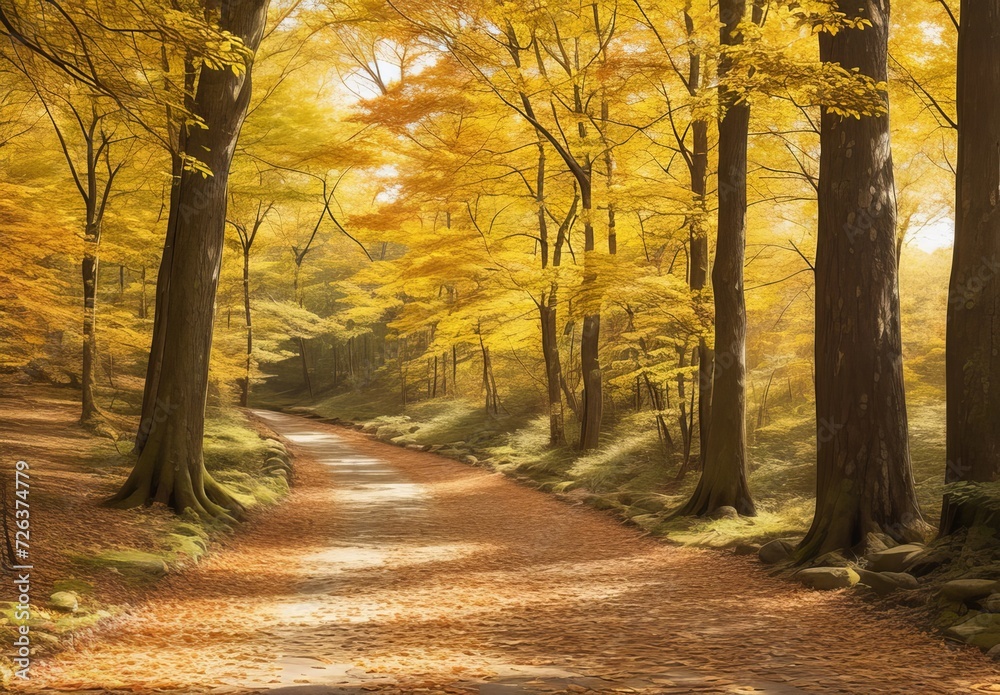 A pathway strewn with fallen autumn leaves meanders through a forest, surrounded by trees exhibiting the vibrant colors of fall. The warm sunlight filters through the foliage, casting dappled shadows.