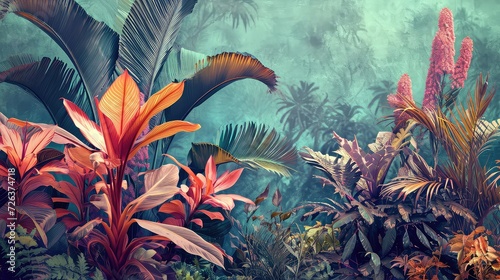 Fototapeta Naklejka Na Ścianę i Meble -  Tropical retro wallpaper in watercolor style.