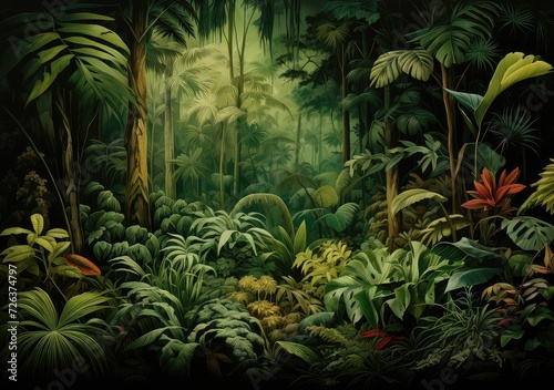 Wallpaper in watercolor style. Jungle landscape.