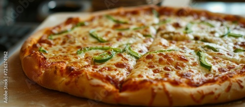 Newly prepared pizza with green bell peppers, gorgonzola, and paio - a delightful masterpiece straight from the oven. photo