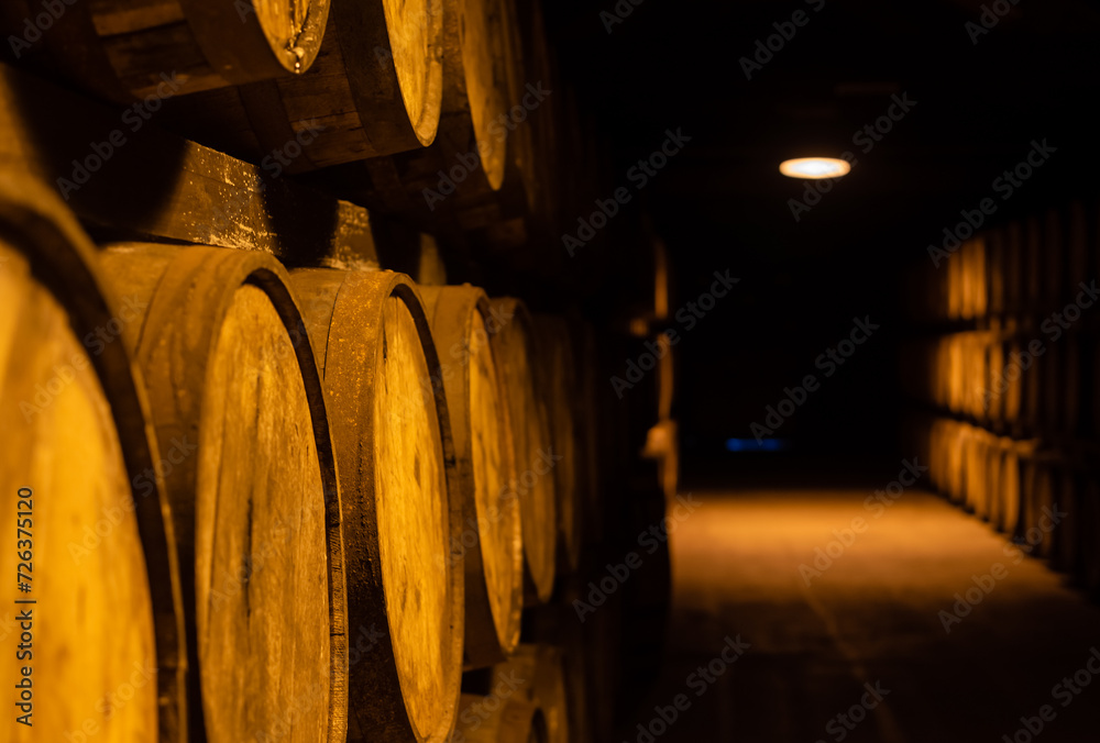 Rows of wooden wine barrels in dark underground warehouse