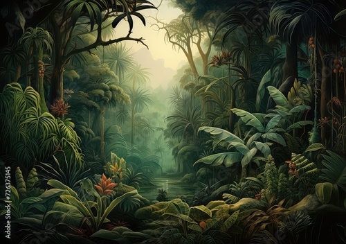 Wallpaper in watercolor style. Jungle landscape.