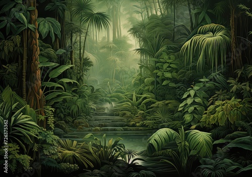 Wallpaper in watercolor style. Jungle landscape.