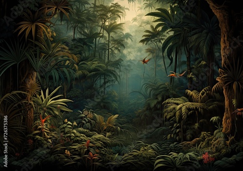 Wallpaper in watercolor style. Jungle landscape.