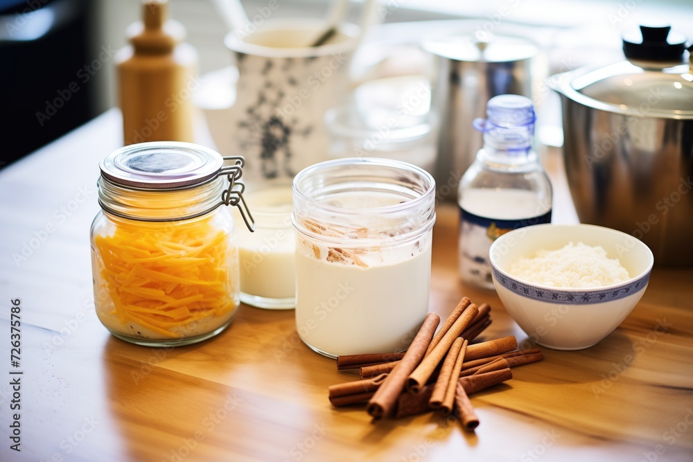 making rice pudding drink, ingredients arranged on a counter making rice pudding drink, ingredients arranged on a counter