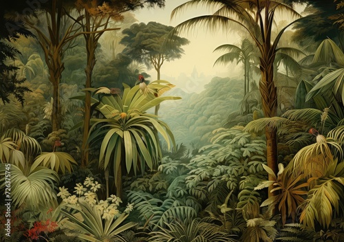 Wallpaper in watercolor style. Jungle landscape.