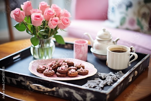 chocolate cookies, coffee, and pink roses on tray