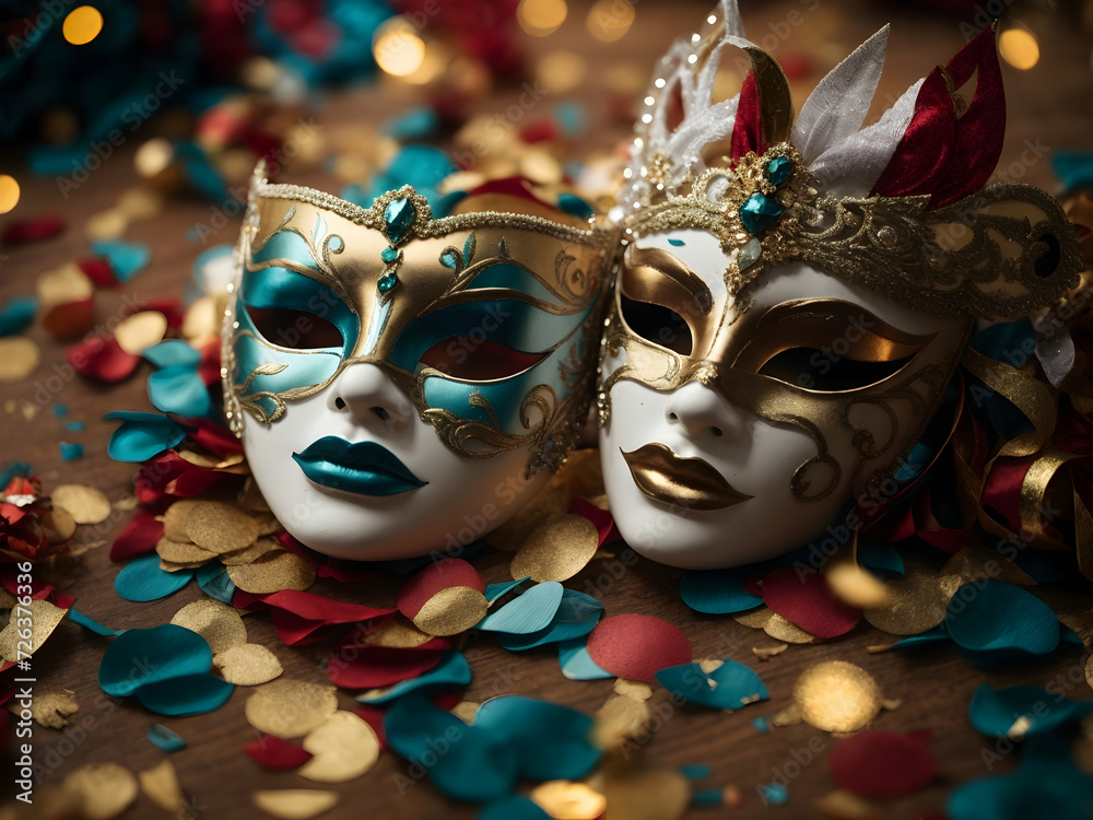 carnival masks on carnival background, purim celebration, mardi gras, masquerade and confetti