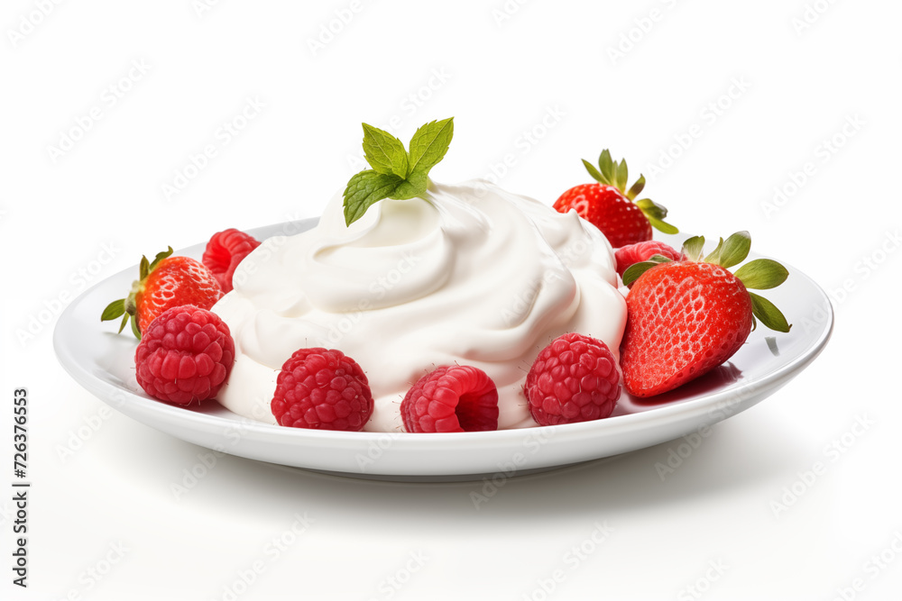 strawberries and raspberries in sour cream on a white plate isolated on a white background table strawberries and raspberries in sour cream on a white plate isolated on a white background table