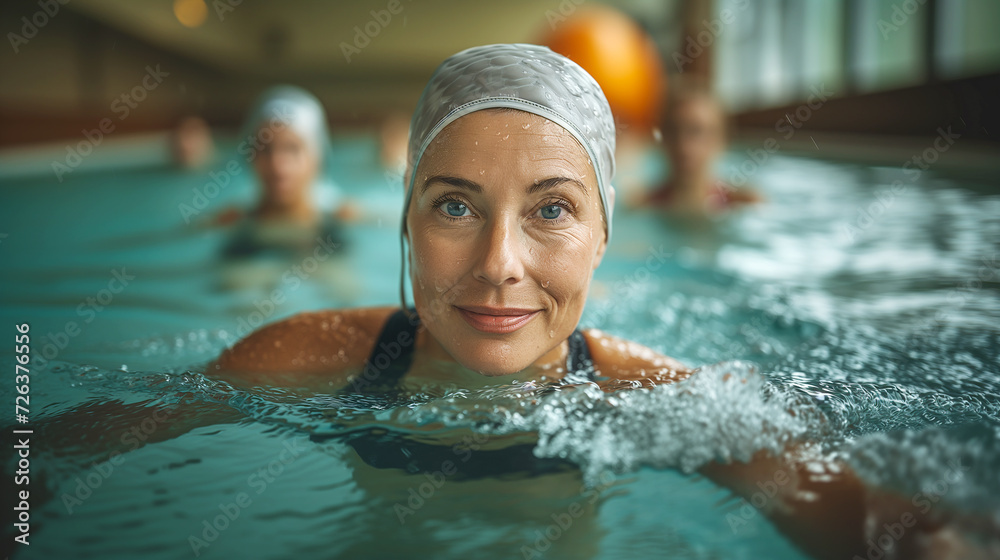 A woman in a swimming pool wearing a bathing cap. A woman in a swimming pool wearing a bathing cap.