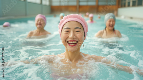 A woman smiling in a swimming pool wearing a bathing cap. 