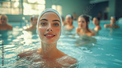 A young woman in a swimming pool wearing a bathing cap. 