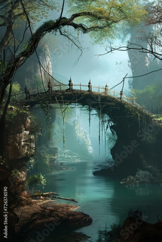 Waterfall in the jungle with wooden bridge on the rock and tree