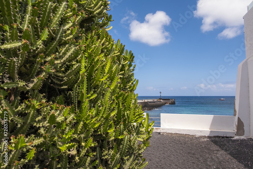 Street facing the sea in the village of Arrieta. white houses. Turquoise ocean or pier in the fodno with big white clouds in the sky. Big green cactus. Arrieta, Lanzarote, Canary Islands, Spain. photo