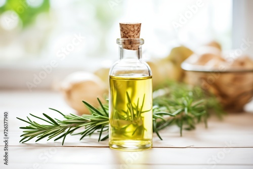 transparent glass bottle of rosemary oil with sprigs in sharp focus