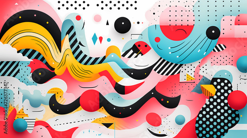 Abstract background texture with geometric patterns and line, playful quirky cartoonish illustrations with pastel colors of blue, pink, red, black and yellow. Colorful Backdrop. Flat Landing Page