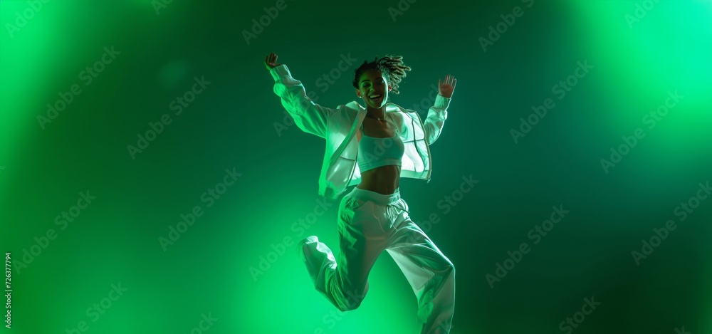 Dance in Flight, An energetic leap frozen in silhouette, embodying the spirit of a passionate hip-hop performance on a vivid saturated green neon background. Generative AI.