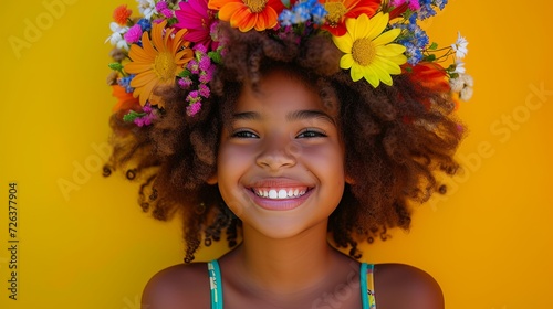 Portrait of a cute girl with colorful flowers in her hair.