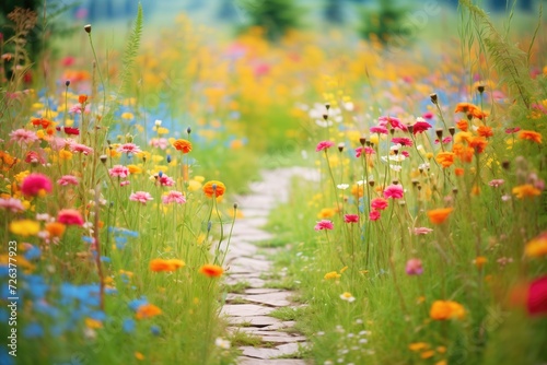 path winding through lush meadow of multicolored flowers