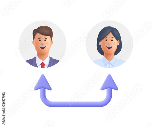 Employee staff turnover, job rotation. Change and switch user. Human resources concept. 3d vector icon. Cartoon minimal style.