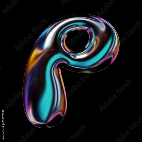 Y2K 3D P letter with glossy, reflective surface from liquid glass or metal, highlighting sleek, shiny balloon bubble design. Isolated vector for modern retro-futuristic 2000s visuals