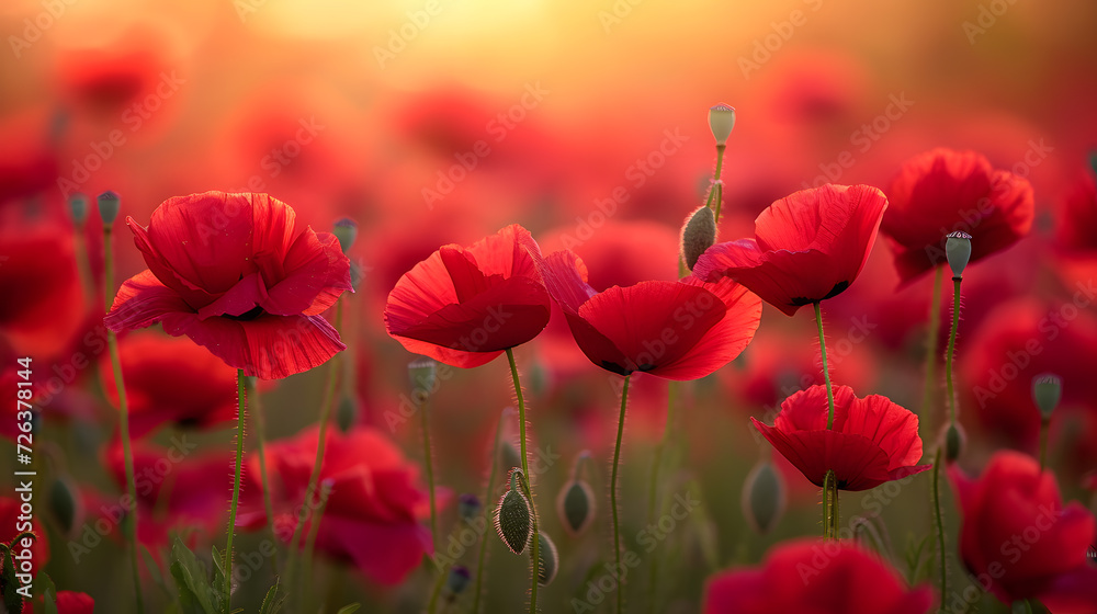 A photo of blooming poppy fields, with vibrant red blossoms as the background, during a sun-drenched afternoon A photo of blooming poppy fields, with vibrant red blossoms as the background, during a sun-drenched afternoon