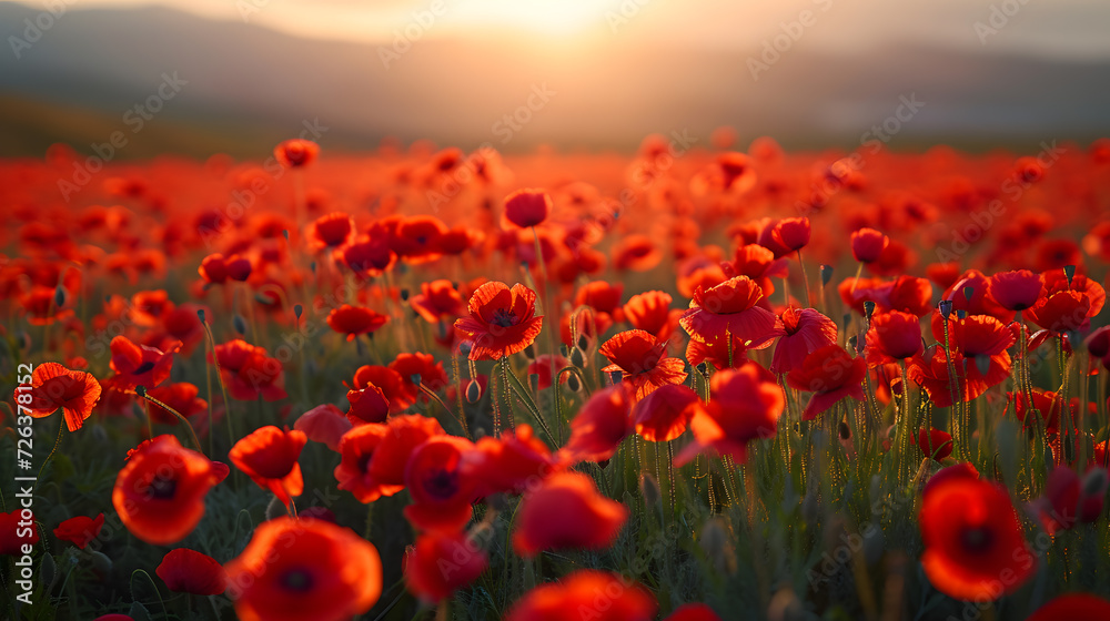 A photo of blooming poppy fields, with vibrant red blossoms as the background, during a sun-drenched afternoon - obrazy, fototapety, plakaty 