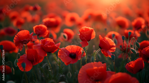 A photo of blooming poppy fields  with vibrant red blossoms as the background  during a sun-drenched afternoon